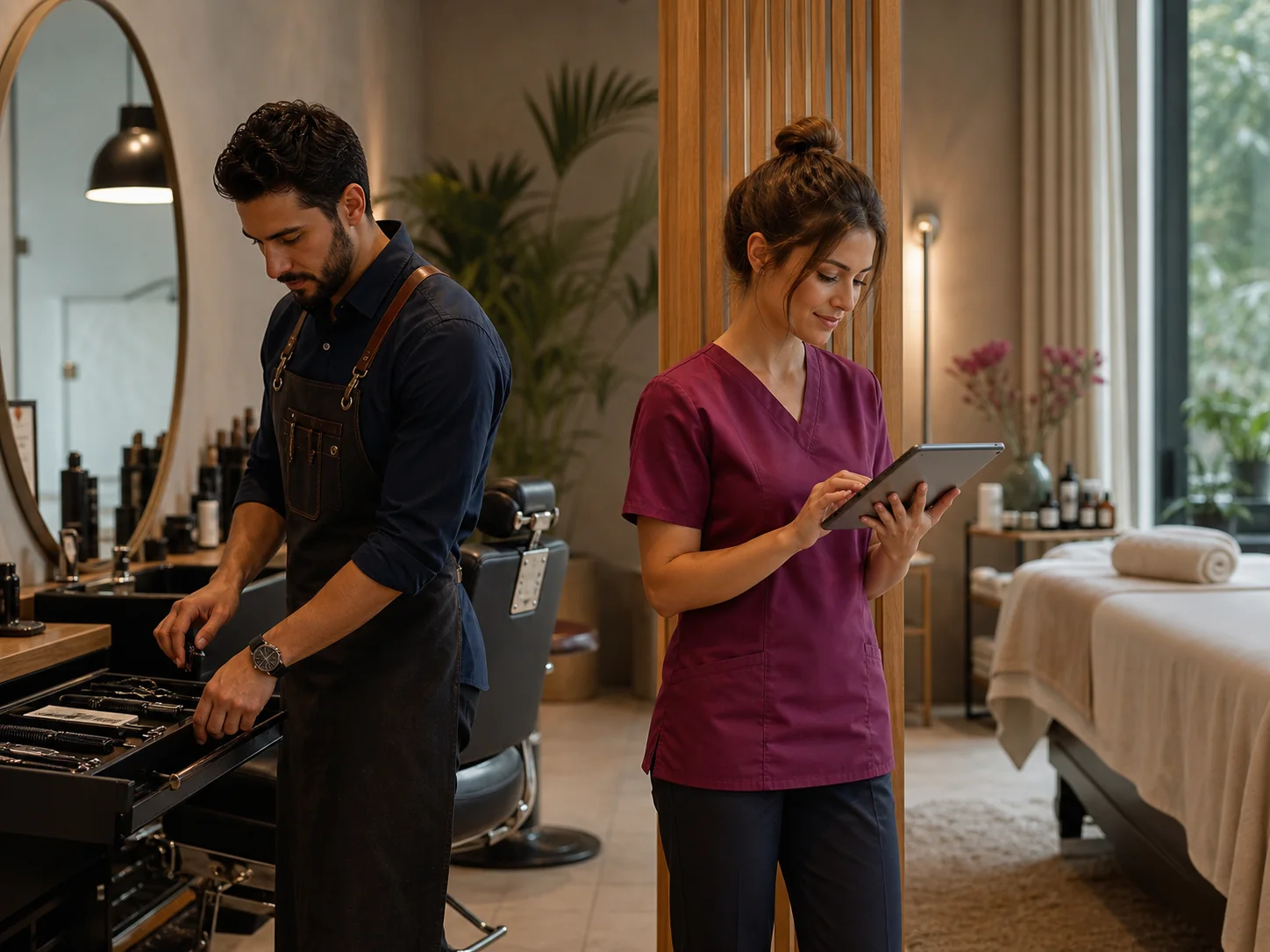 Profesionales de barbería y spa organizando sus citas y espacios de trabajo